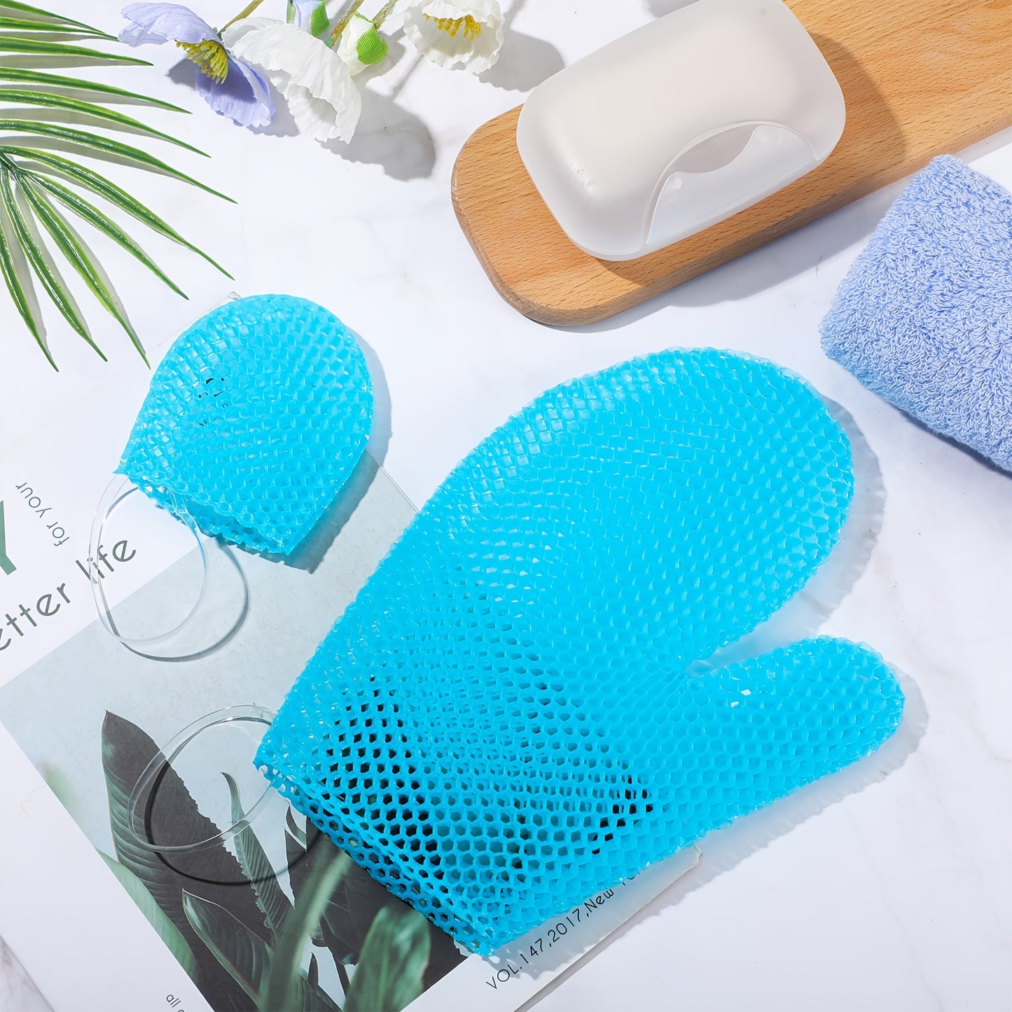 Honeycomb Exfoliating Scrubber Set, Face And Body Scrubber Include Bath Mitt Honeycomb Exfoliating Glove For Body Shower, Face Exfoliator Sponge, Quick Drying (Blue)