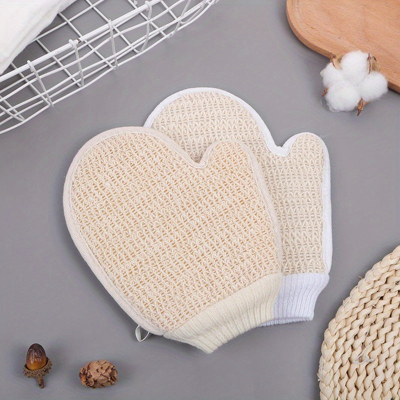 Linen Exfoliating Bath Gloves Set of 2 - Dual-Sided Body Scrub Washcloths, Home Spa Shower Exfoliation Mitts with Hanging Loop