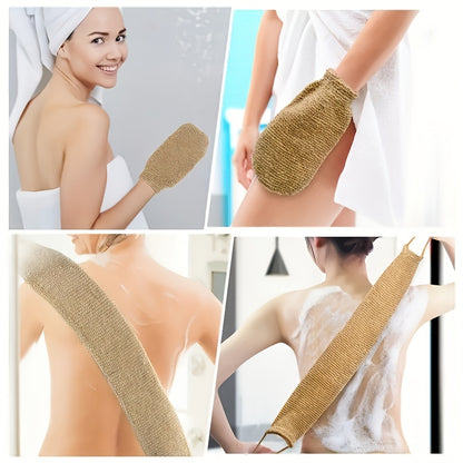 A set of natural sisal exfoliating back rubbing and bathing gloves-gentle exfoliating, long hair winding, shower and bathroom SPA cleaning tools, reusable body scrub set