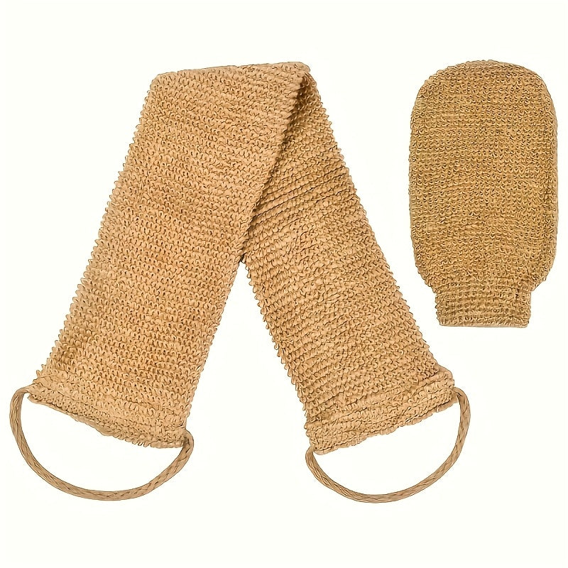 A set of natural sisal exfoliating back rubbing and bathing gloves-gentle exfoliating, long hair winding, shower and bathroom SPA cleaning tools, reusable body scrub set