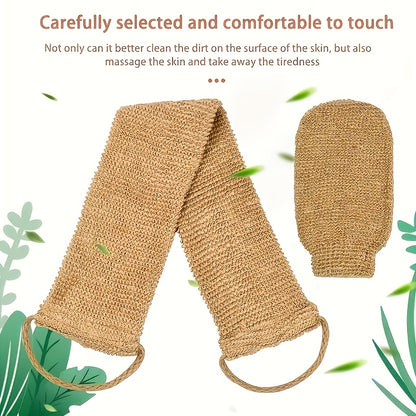 A set of natural sisal exfoliating back rubbing and bathing gloves-gentle exfoliating, long hair winding, shower and bathroom SPA cleaning tools, reusable body scrub set